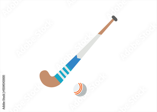Colorful illustrated hockey stick and ball set on white background sporty graphic design