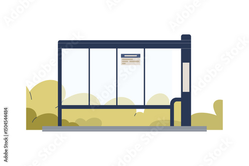 Urban public transit stop with seating bench, roof shelter, and route information board, modern city bus station element for passengers isolated on white background flat vector illustration.