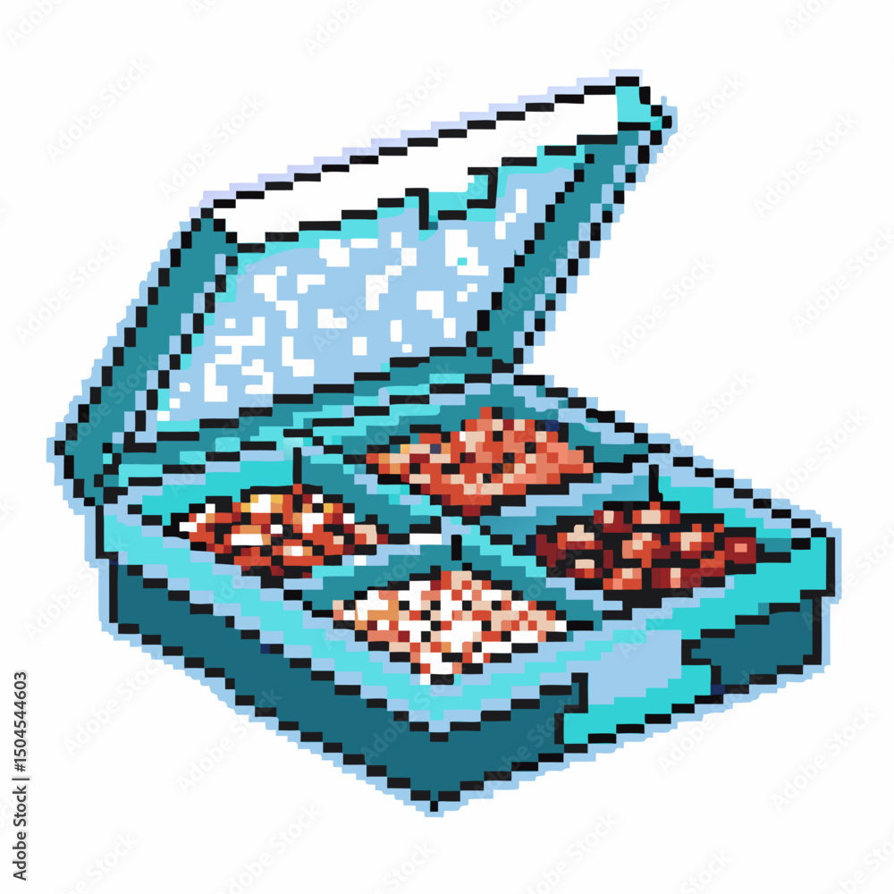 Fototapeta premium Pixel art bento box with four compartment meal, nostalgic retro design
