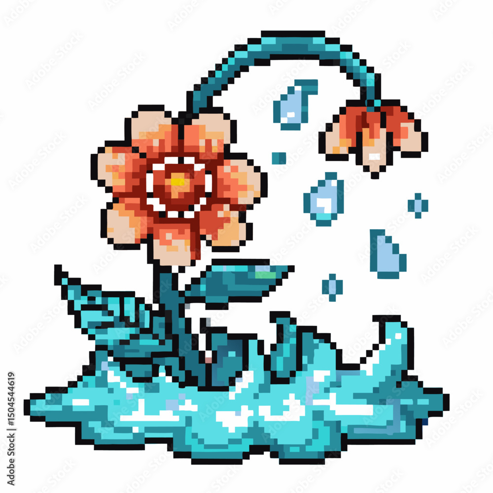 Fototapeta premium Pixel art of wilting flower with falling petals and leaves, retro digital illustration