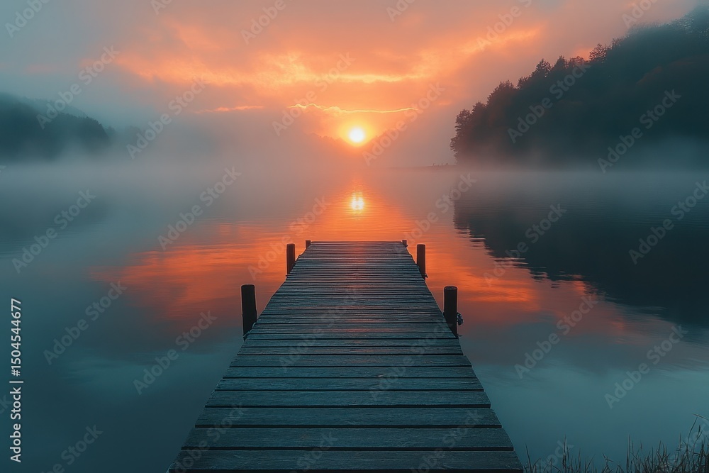 Fototapeta premium Sunrise over a misty lake with a wooden pier reflecting vibrant colors in the water
