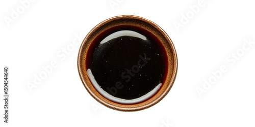 Ceramic bowl filled with soy sauce top view isolated on transparent background