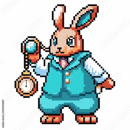 pixel art rabbit wearing a waistcoat and holding a pocket watch, retro video game character design