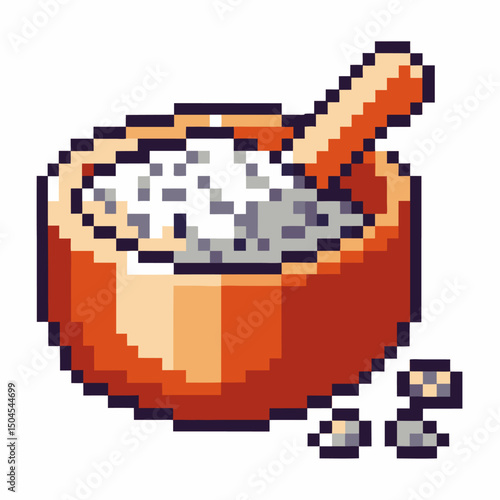 pixel art mortar and pestle with spices retro kitchen tool, grinding ingredients
