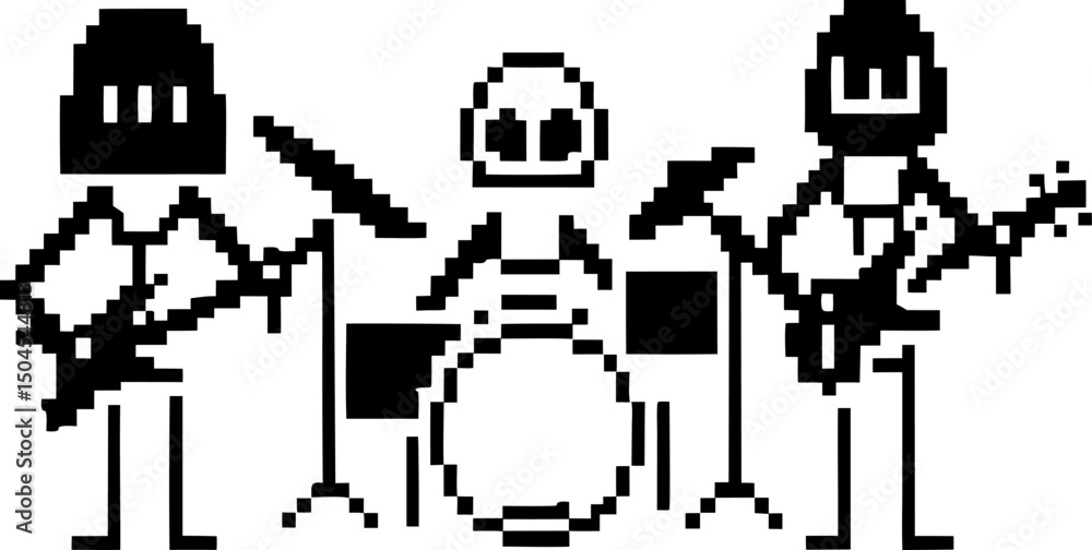 Pixel art band playing instruments retro black and white drum, guitar, bass ensemble