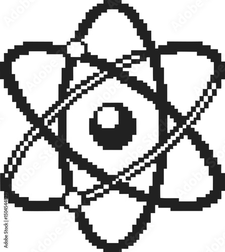 Pixel art atomic symbol with orbiting electrons in black and white