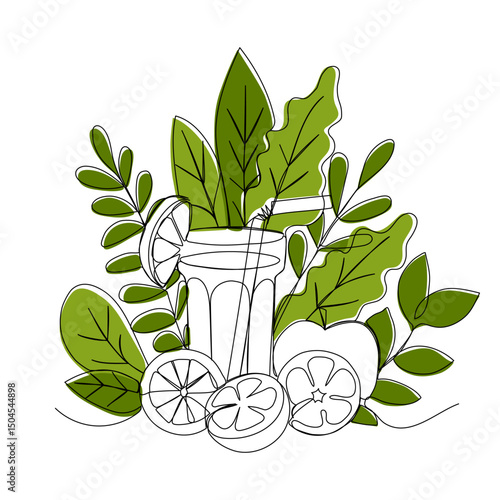 A glass of fresh juice in continuous one line art style. Diet, detox day concept. Simple vector illustration
