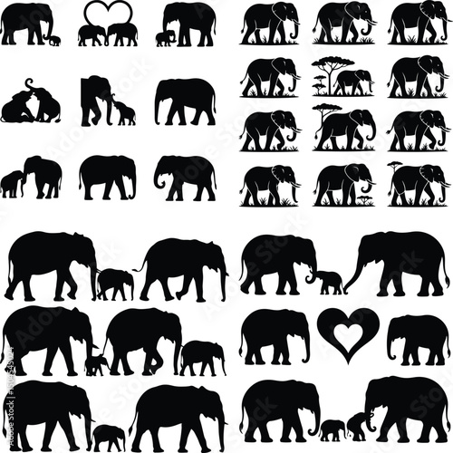 Elephant Family Silhouette Set – Wildlife Animal Vector Collection Elephant Herd Clipart Bundle – Mom Baby Elephant Silhouettes