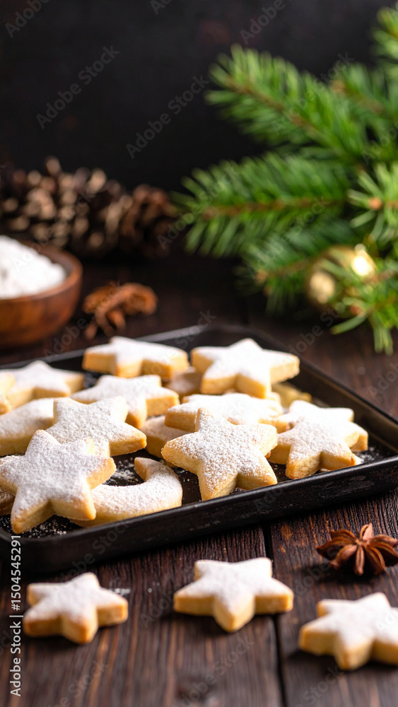 Fototapeta premium Homemade Children's Day cookies shaped like stars and moons carefully placed on a tray.