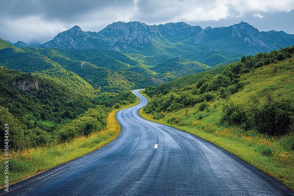 Fototapeta premium Winding road through lush green hills beneath a cloudy sky in a mountainous region