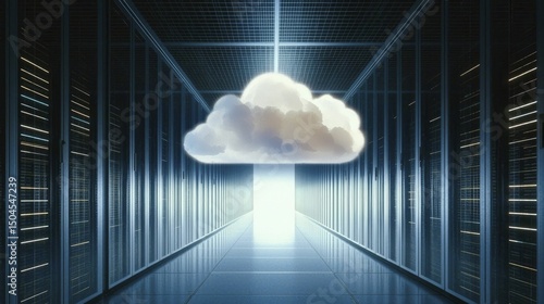Futuristic Cloud Technology in Data Center with Illuminated Pathway and Symmetrical Design