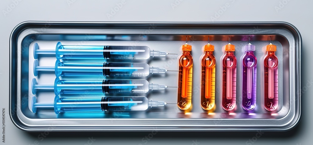 Obraz premium A close up of a medical tray with syringes and vials. The tray is made of stainless steel and the vials are filled with colorful liquids.