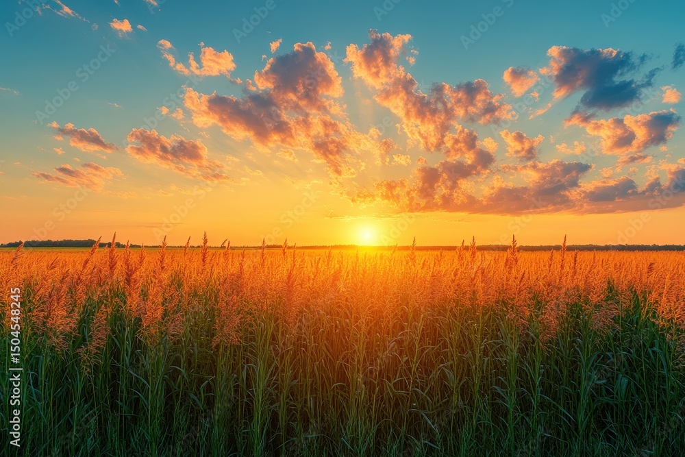Fototapeta premium Vibrant sunset over a golden field with colorful clouds scattered across the sky
