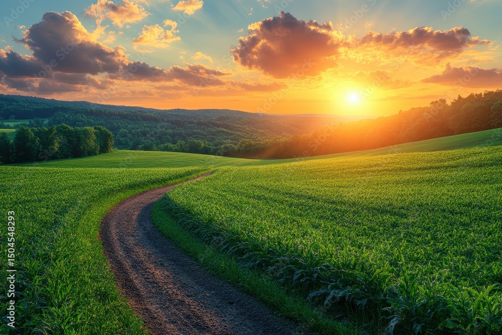 Obraz premium Serene sunset over rolling green hills with a winding dirt path through the tranquil landscape