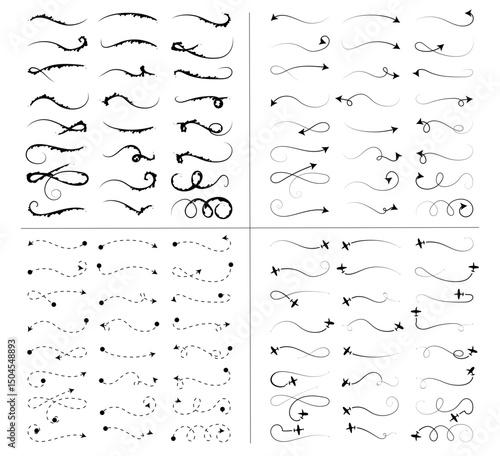 Creative collection of swirl and arrow doodle lines including airplane paths, dashed directions, curly ink brush strokes, and hand-drawn curved elements for design projects