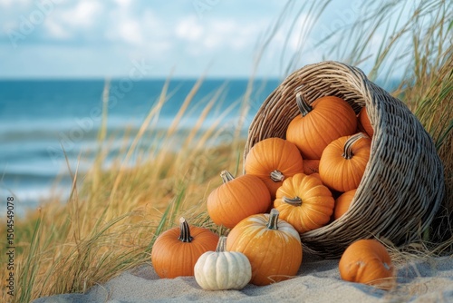 Fototapeta Naklejka Na Ścianę i Meble -  Basket of pumpkins spills onto a sandy beach with ocean and sky as a backdrop, creating a serene fall scene.