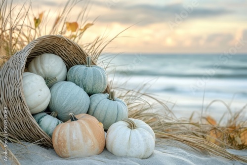 Fall harvest by the sea: pumpkins spilling from a woven basket on the sandy beach, ocean background.