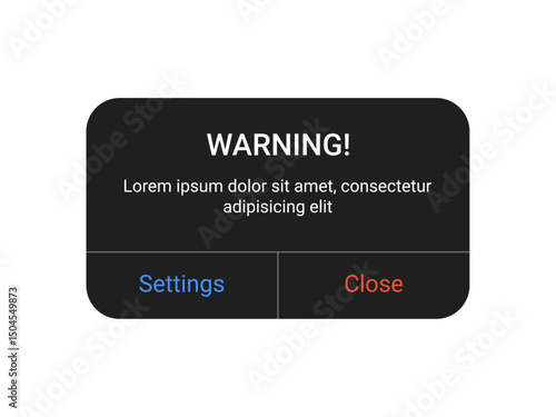 Dark warning notification pop up UI design with settings and close buttons on a transparent background for mobile app and web alert interface in a minimal modern style