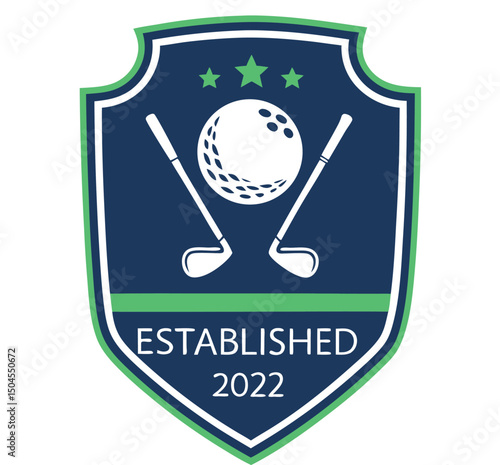Golf Club Logo Badge with Ball, Clubs, Stars, and Established Year.