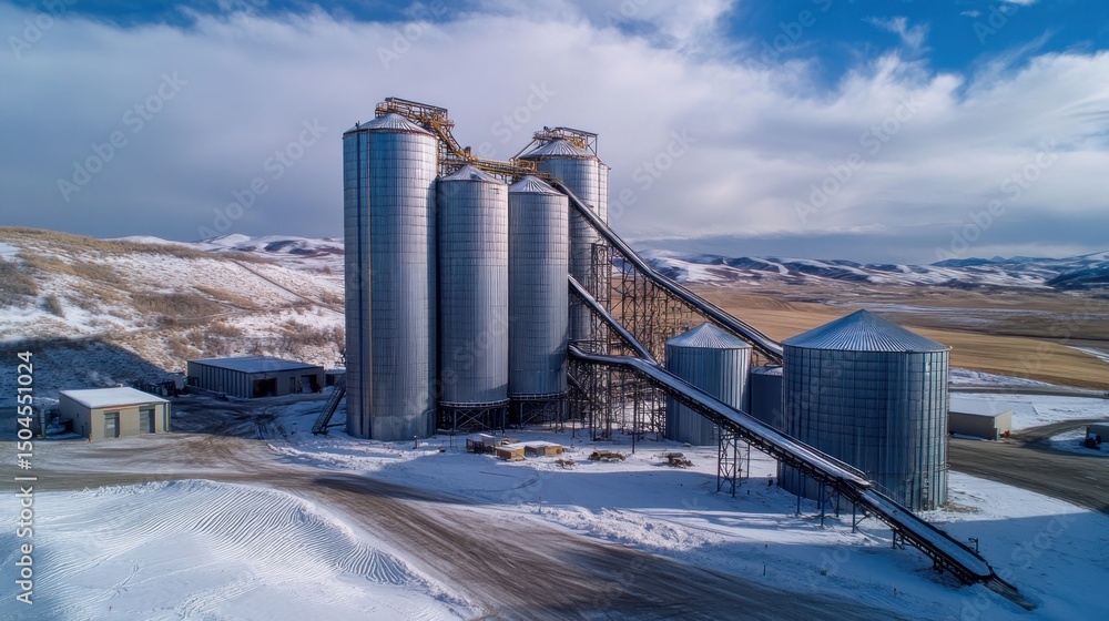 Obraz premium Steel grain silos in a snowy landscape