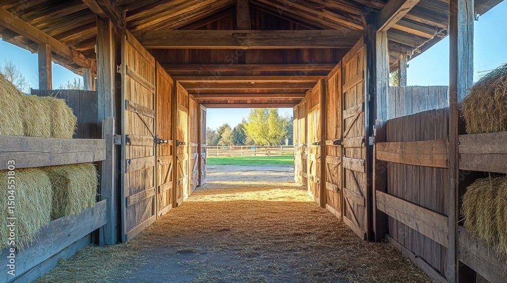 Sunlit wooden barn aisle with hay bales Sunlit wooden barn aisle with hay bales