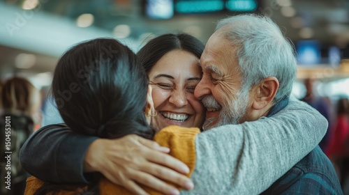 A joyful family reunion scene at an airport as immigrants reunite with their loved ones after a long journey, hugging and smiling warmly