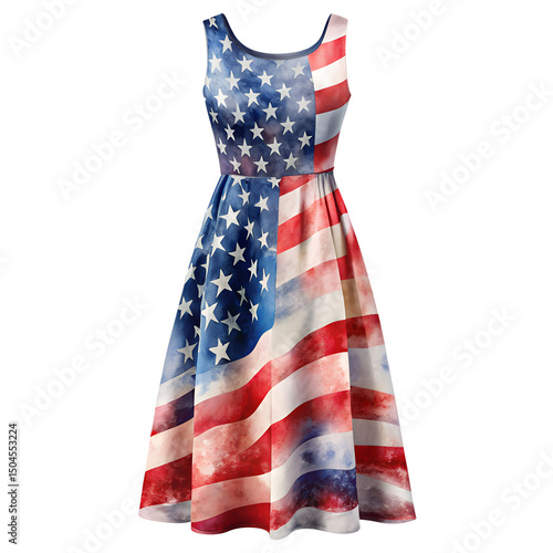 Womens Dress with Abstract American Flag Watercolor Isolated on Transparent Background