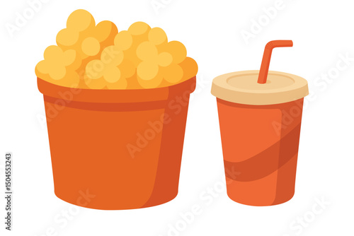 Flat cartoon illustration of movie snacks including a popcorn bucket and takeaway drink cup.