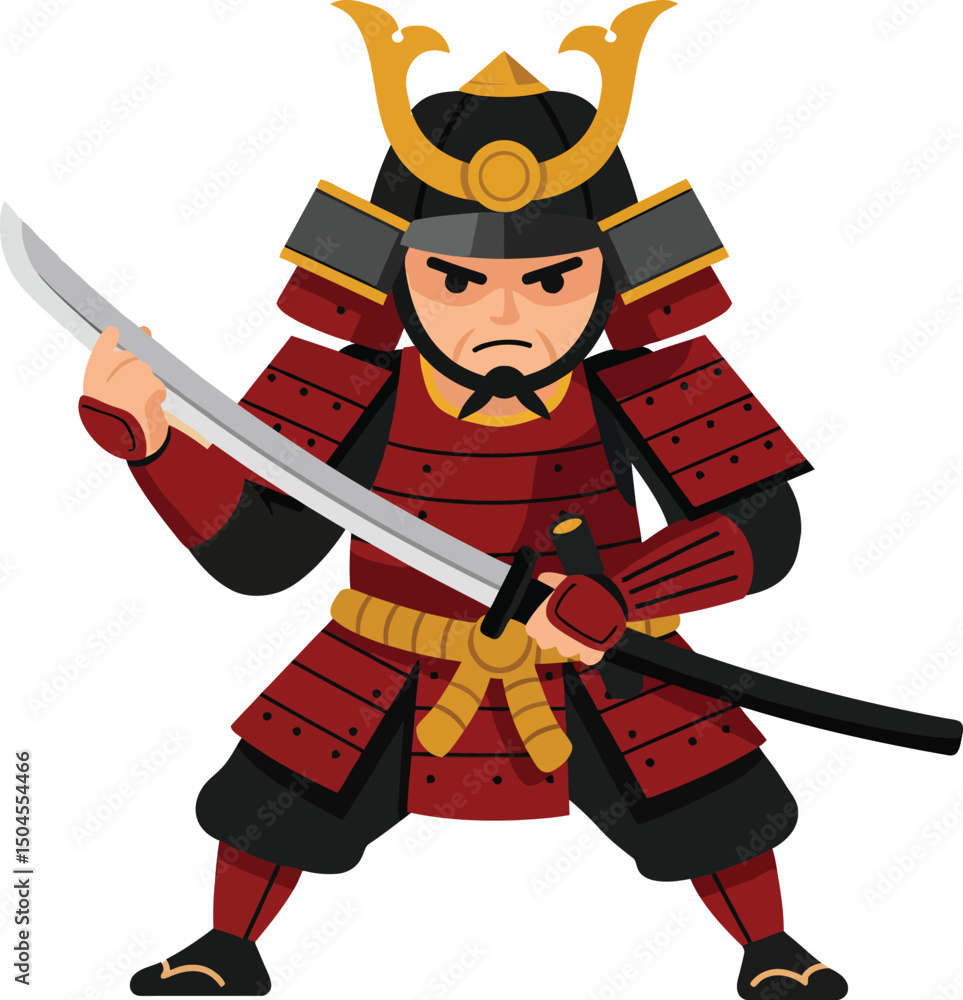 Obraz premium Samurai warrior in traditional red armor holding katana sword ready for battle vector illustration