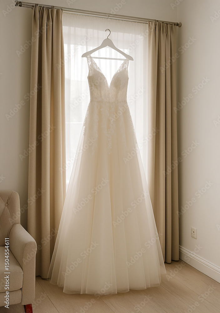Romantic bridal gown hanging on a hanger in front of a window with soft natural light, surrounded by beige curtains. The delicate lace bodice and flowing tulle skirt create a dreamy and elegant mood. Romantic bridal gown hanging on a hanger in front of a window with soft natural light, surrounded by beige curtains. The delicate lace bodice and flowing tulle skirt create a dreamy and elegant mood.