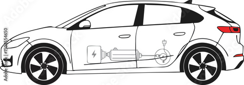 Electric car side view with battery and motor schematic illustration in black and white vector design 