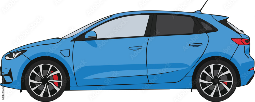 Naklejka premium Blue hatchback car side view modern vehicle illustration with black window details and red brake calipers vector design 