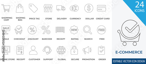 A modern simple line icon set designed for e-commerce and online shopping platforms. This collection features shopping carts, bags, price tags, store icons, delivery services and currency