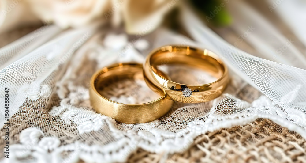 Two gold wedding bands with a small pink stone on one ring, sitting on a white lace and burlap fabric. Two gold wedding bands with a small pink stone on one ring, sitting on a white lace and burlap fabric.