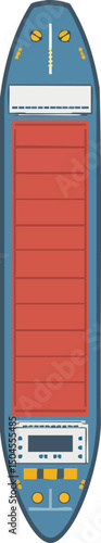 Cargo ship vector illustration with blue hull and red container deck top view detailed design 