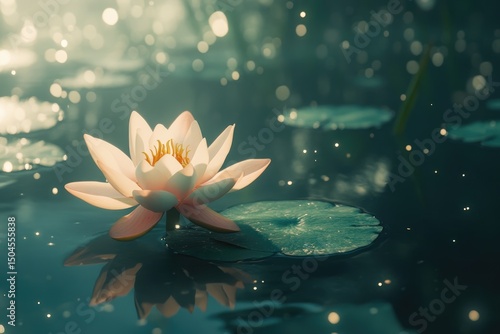 Serene lotus flower delicately rests on a lily pad amidst a tranquil, mystical water scene bathed in soft light.