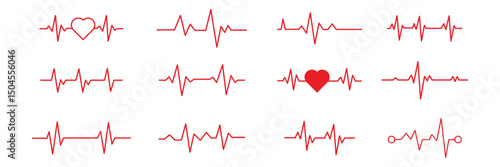 Set of Red Heartbeat Line Art vector isolated on white background. pulse, heart rate, medical, healthcare, wellness, cardiogram, EKG, ECG, heart, red, line art symbol