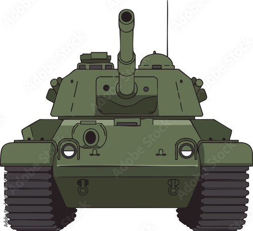 Military tank front view vector illustration in olive green with large cannon and heavy treads design 