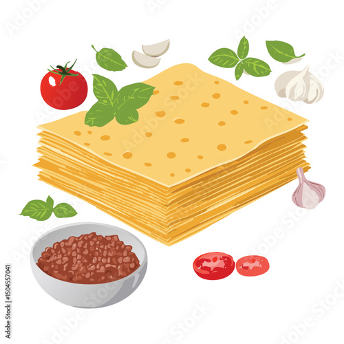 lasagna pasta sheets with meat and basil - vector illustration