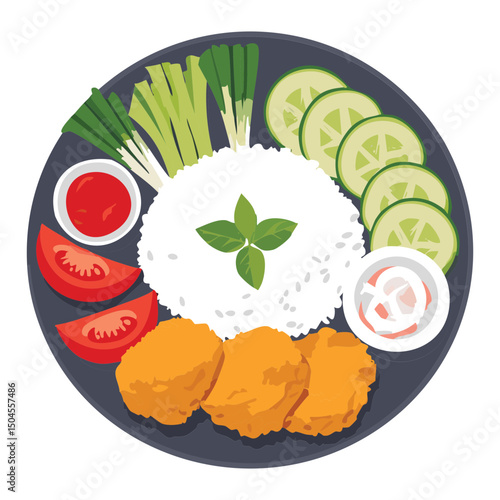 Fried Chicken Nuggets Rice Plate with Garnish - Vector Illustration
