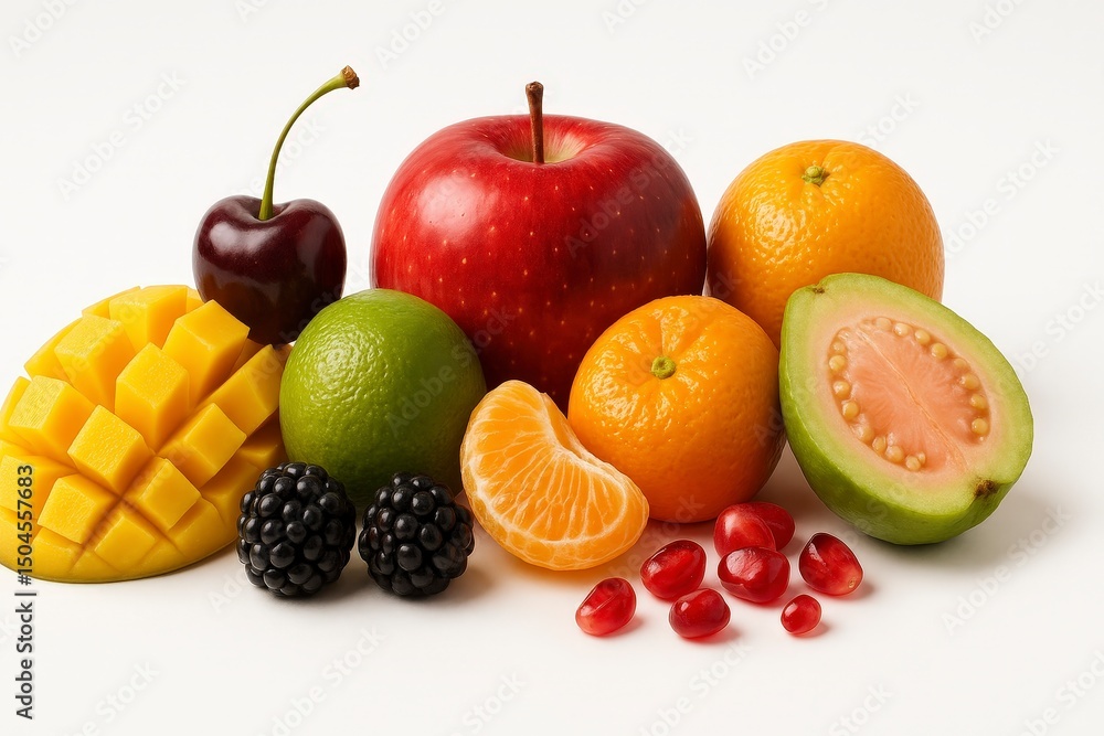 AI Generated image of Assortment of fresh fruits including apple, orange, mango, cherry, lime, blackberry, tangerine, pomegranate, and guava isolated on white background AI Generated image of Assortment of fresh fruits including apple, orange, mango, cherry, lime, blackberry, tangerine, pomegranate, and guava isolated on white background