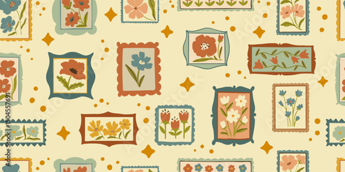 Retro cartoon floral frame illustration seamless pattern. Vintage style flower design collection. Geometric grid, mosaic natural bouquet decoration, spring season nature flowers.