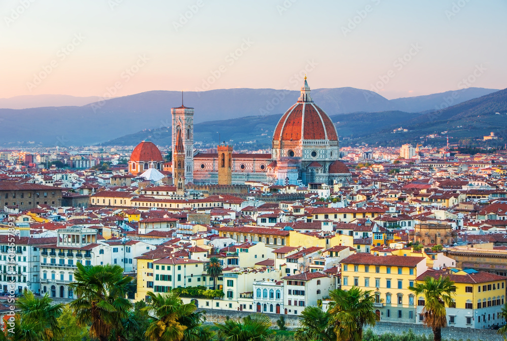 Beautiful view on hard of amazing Florence city and the Cathedral at sunrise, Florence, Italy
