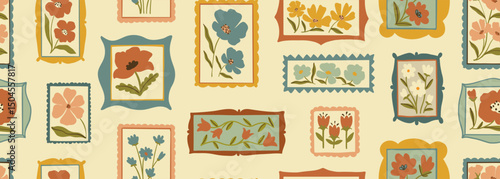 Retro cartoon floral frame illustration seamless pattern. Vintage style flower design collection. Geometric grid, mosaic natural bouquet decoration, spring season nature flowers.
