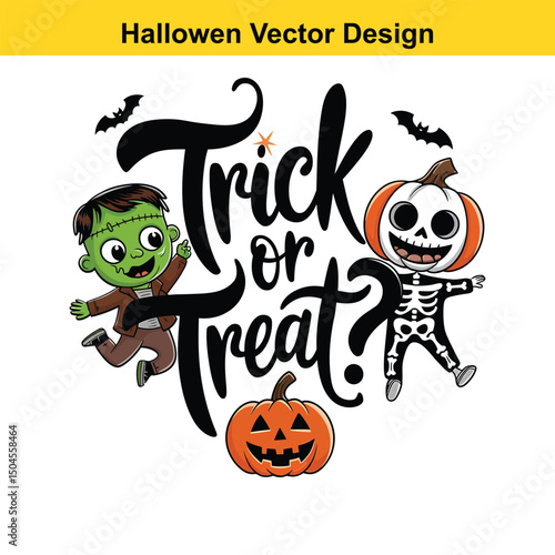 Cute halloween trick or treat illustration with cartoon characters. halloween, trick, or, treat, illustration, cartoon, characters, kids, children
