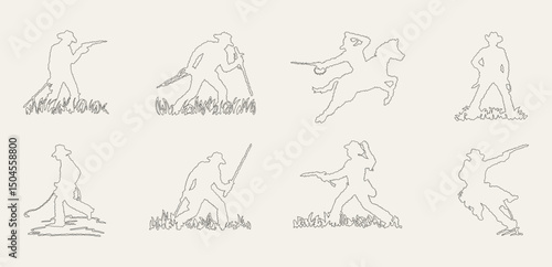 Outlined figures of people in various poses standing in grass on a light background illustration