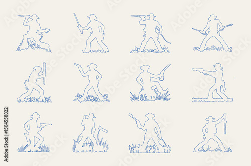 Outlined cowboys in various poses with weapons in a grid formation on a light background surface here