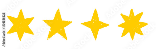 Set of gold chalk drawing stars. Shine or sparkle doodle collection. Children style yellow wax pencil hand drawing elements of night sky. Crayon scratch grunge texture star shapes.