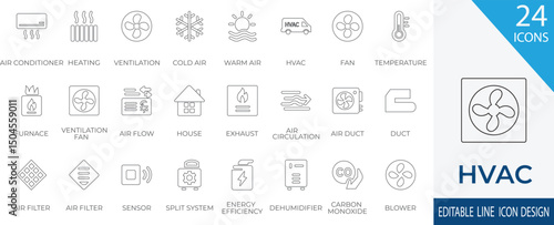 A clean and modern HVAC line  icon set featuring  essential symbols, including air conditioner, furnace, fan, sensor, ventilation, air duct, and more. 