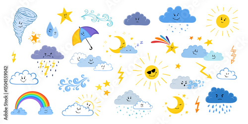 Cute hand-drawn weather elements set with suns, moons, rainbows, clouds, raindrops, and stars in a childish style. cartoon cute set. Weather character with smile and angry face